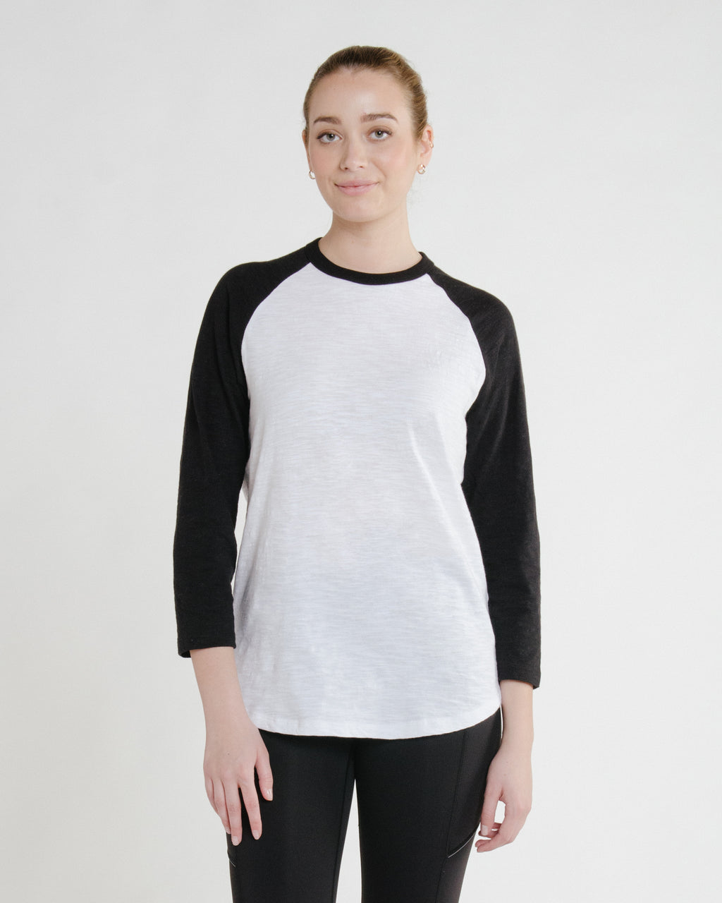 Model in W8907 (Townball Tee), White Body & Black Sleeve